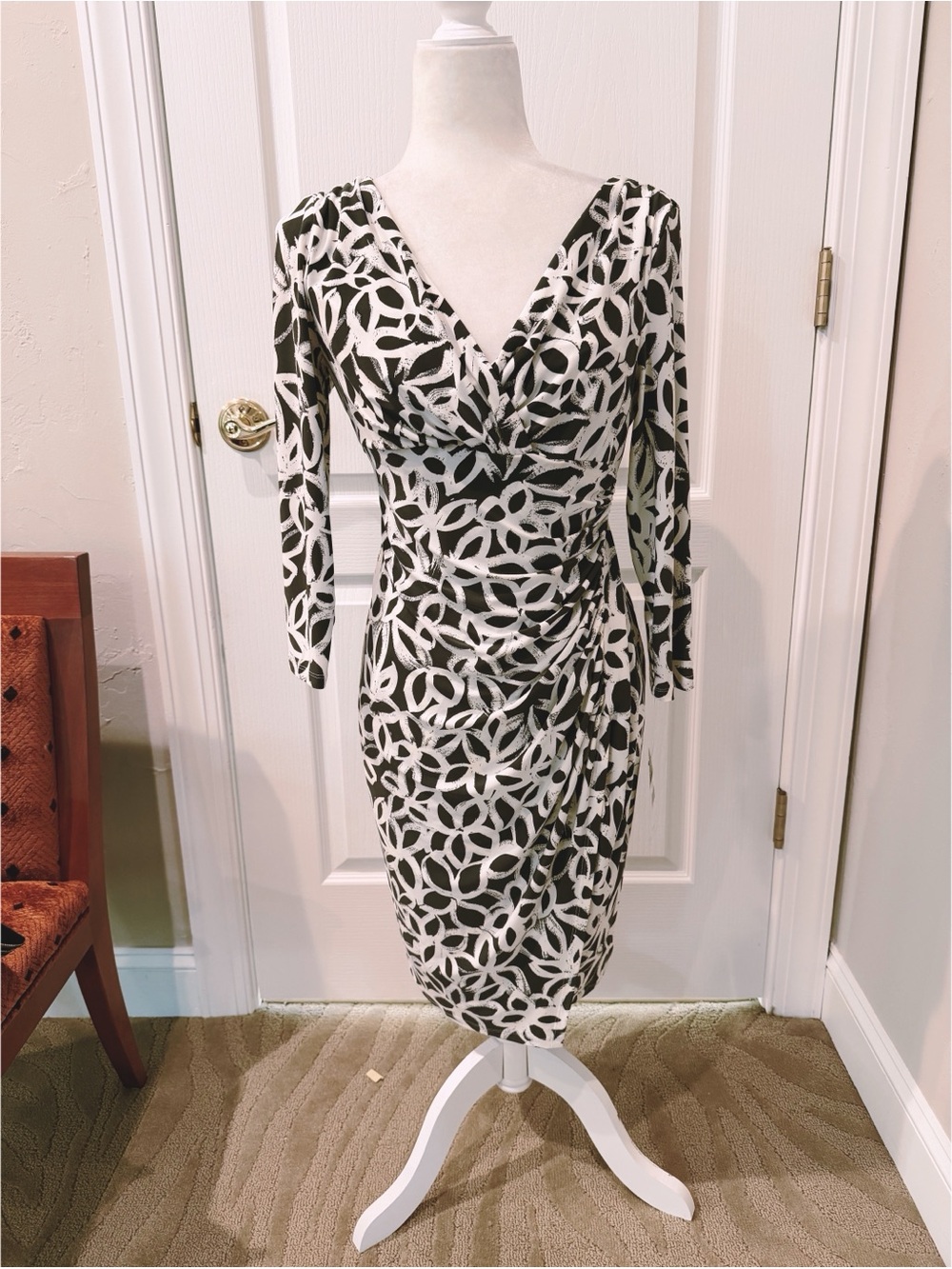 NWT Ralph Laurent Black & White Patterned V-Neck Faux Wrap Dress